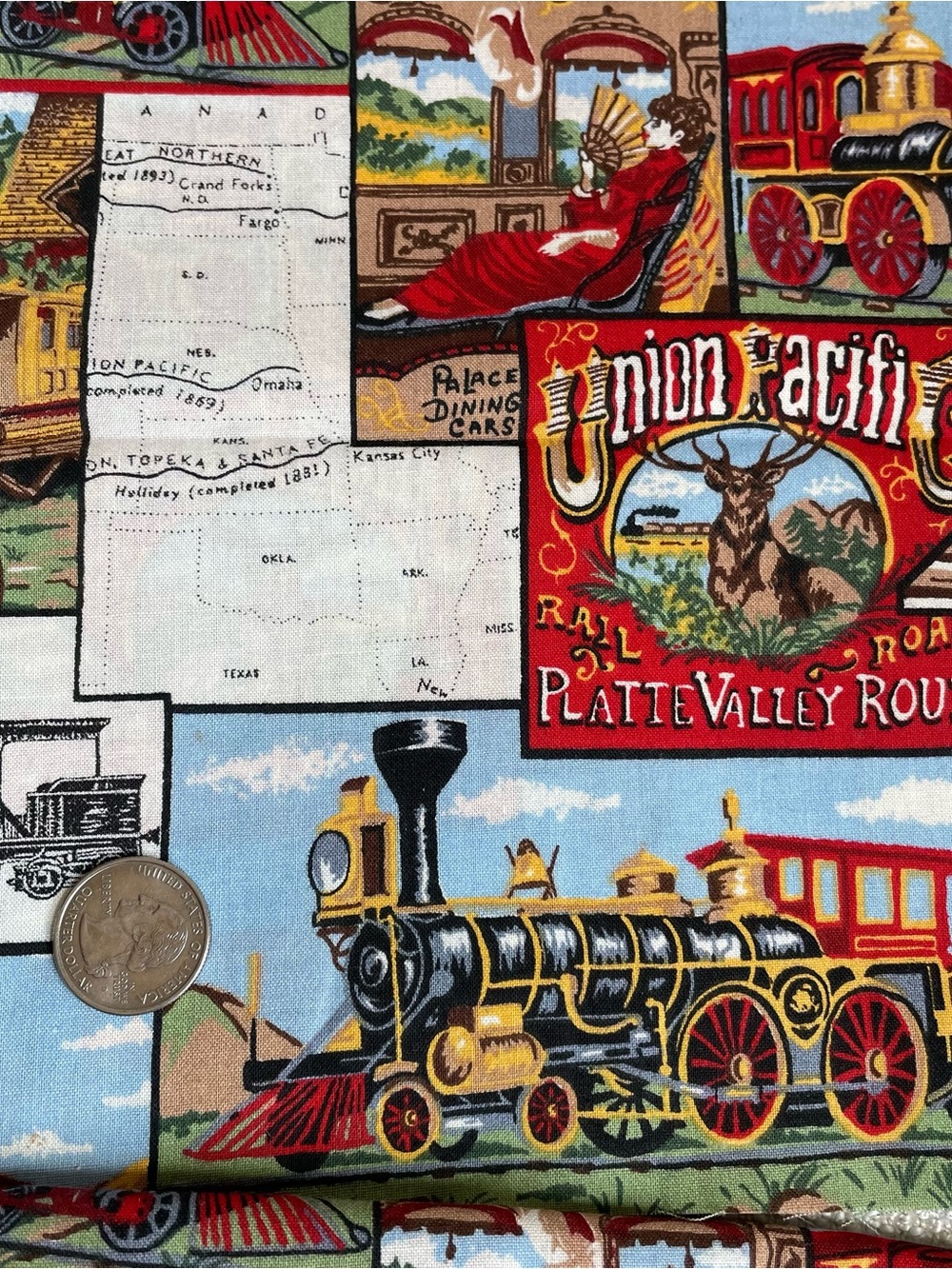 Vintage Steam Train Stations Print Cotton Multicolor Fabric Remnants 2pcs 44x19" - Picture 2 of 5